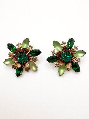 Vintage Green Rhinestone Starburst Earrings 1950s-1960s MCM Clip Ons